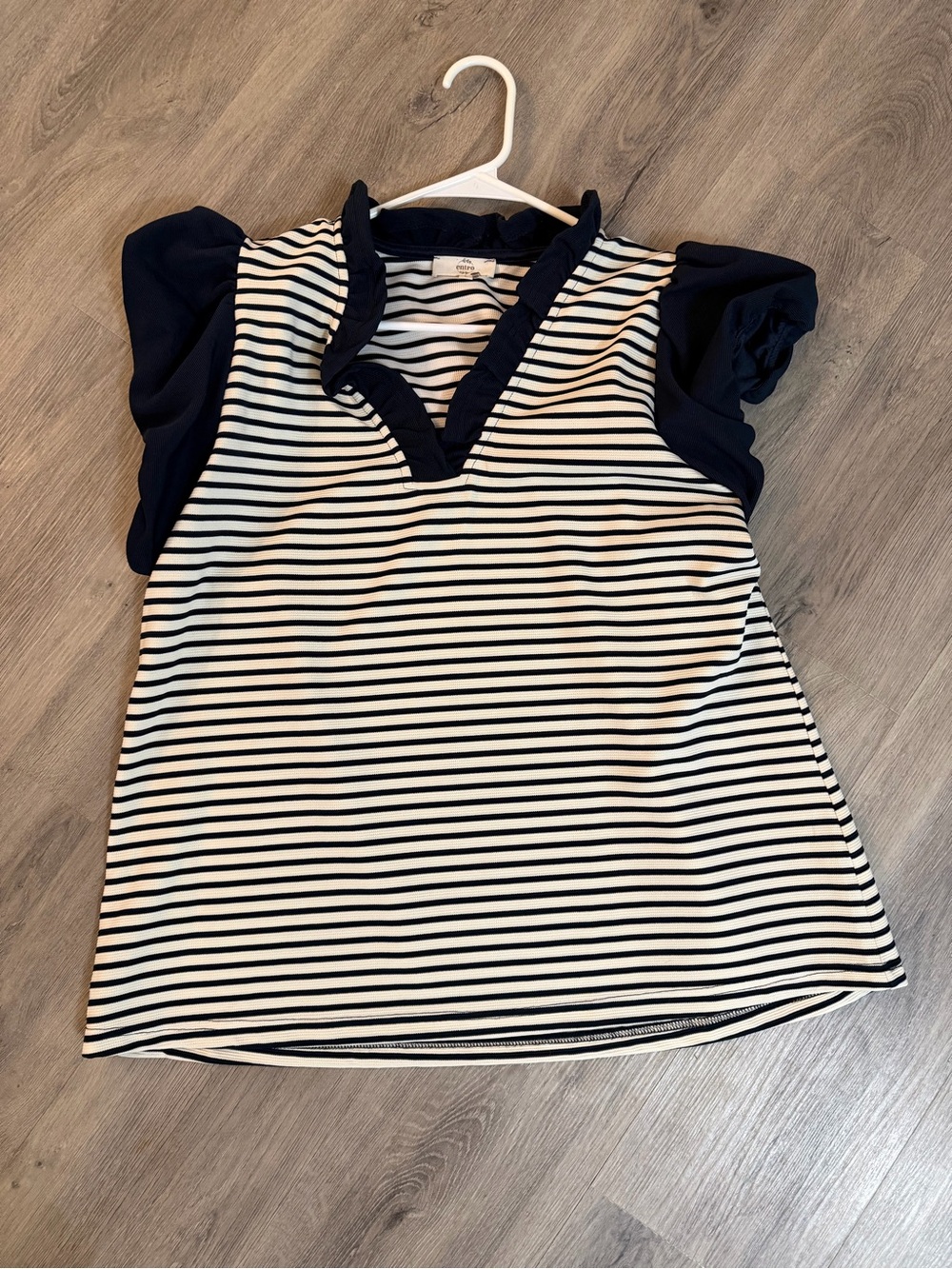 entro Navy & White Striped Ruffle Sleeve V-Neck Top